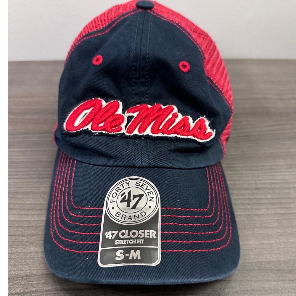47 Brand Ole Miss Rebels NCAA Taylor Closer Stretch Fit Hat Navy Red S-M NEW